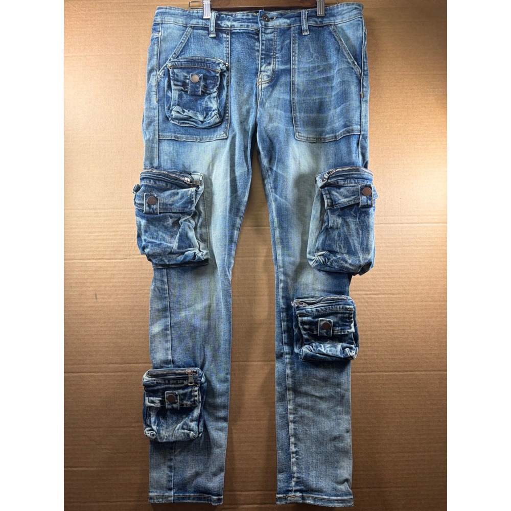 Valabasas Cargo Jeans Mens 34x30 Blue Stacked Multi Pocket Zip Denim Pants